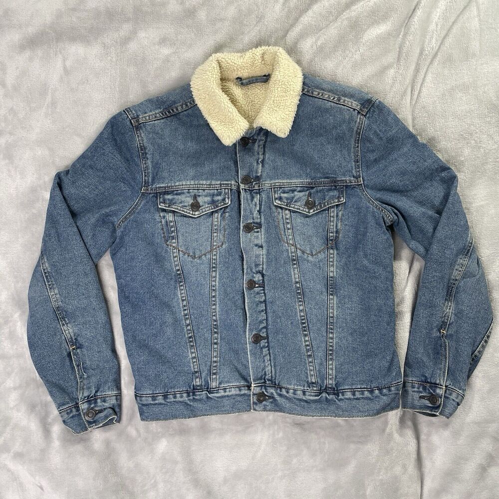 New Look Men's Size Medium Denim Jacket Sherpa Lining Collar Blue Medium Wash